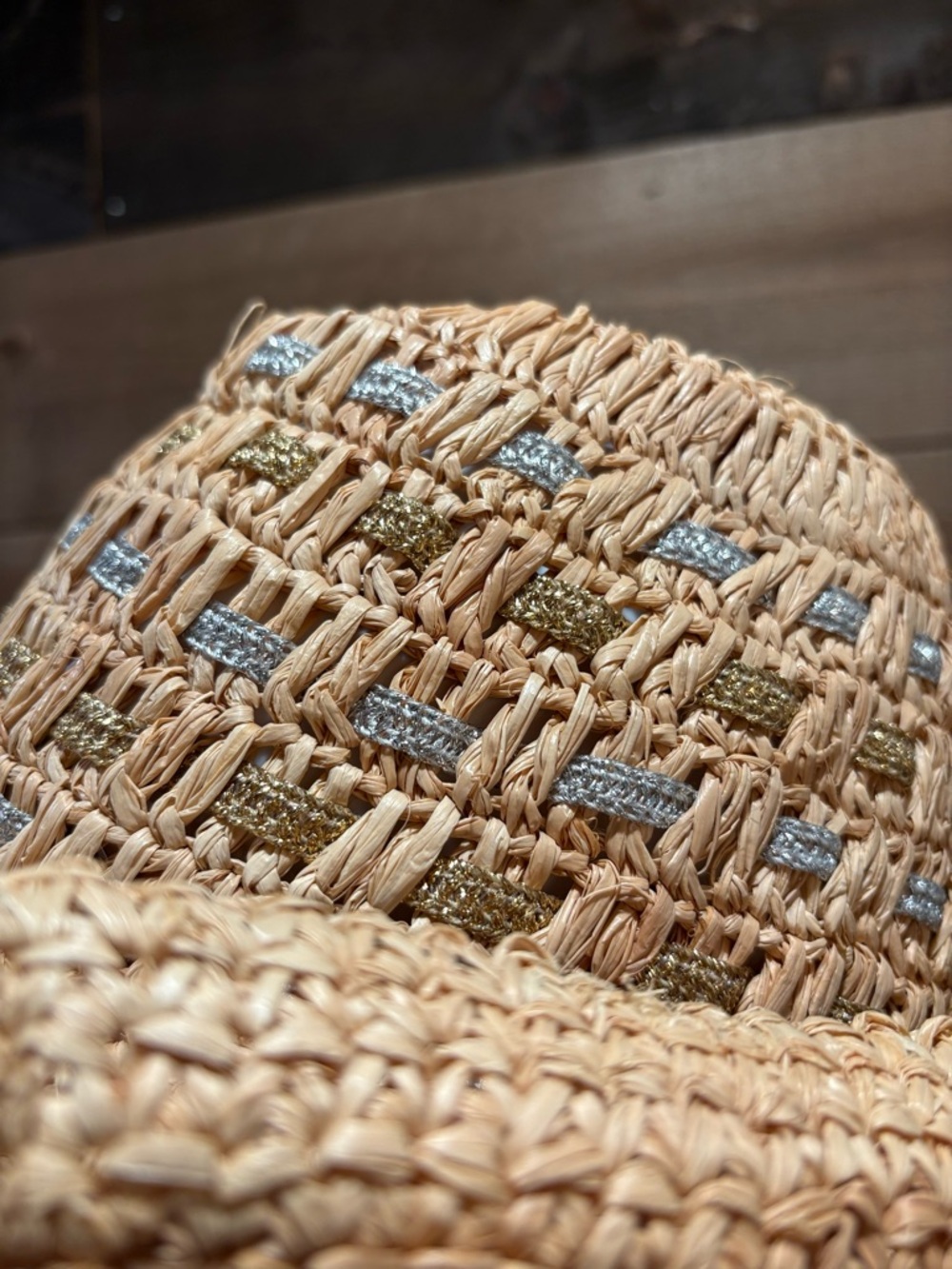 Woven Straw Sun Hat with Metallic Gold & Silver Accents NWT